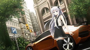 girl in white and black dress leaning beside car anime illustration