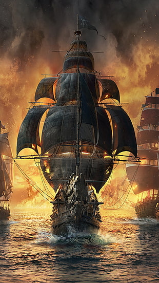 brown boat painting, skull and bones, Ubisoft, ship HD wallpaper