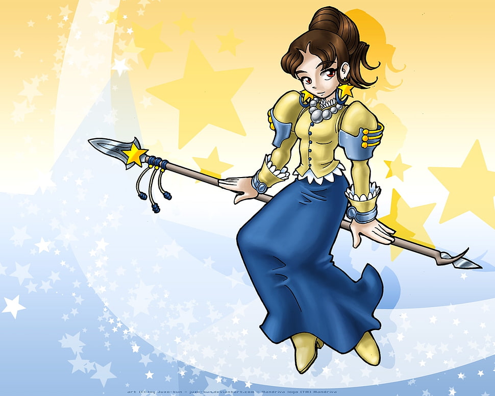 brown-haired female in yellow shirt with spear illustration HD wallpaper