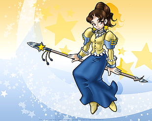 brown-haired female in yellow shirt with spear illustration