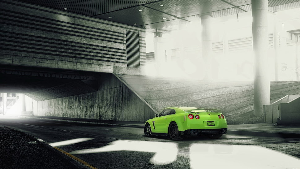 green coupe, car, Nissan GT-R, green HD wallpaper