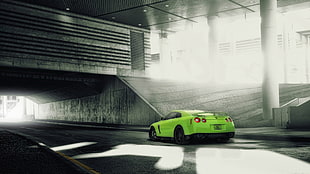 green coupe, car, Nissan GT-R, green