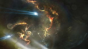 spaceships and clouds digital wallpaper