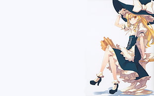 digital wallpaper of blonde-haired anime character in black hat with white bow and white and black dress