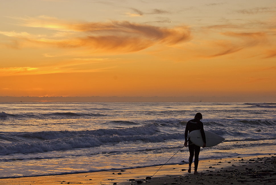 silhouette man holding surfboard on sea bay during sunset HD wallpaper