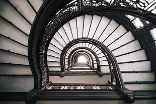black and white spiral stairs, architecture, stairway, stairs, Hannan Hussain HD wallpaper