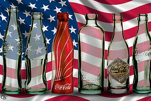 six Coca-Cola bottles poster, Coca-Cola, flag, bottles, USA