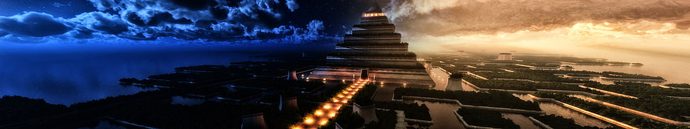 gray and black pyramid digital wallpaper, pyramid, multiple display HD wallpaper