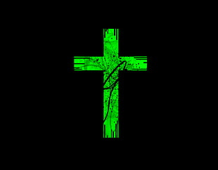 green and black cross, cross, anime, black background, green