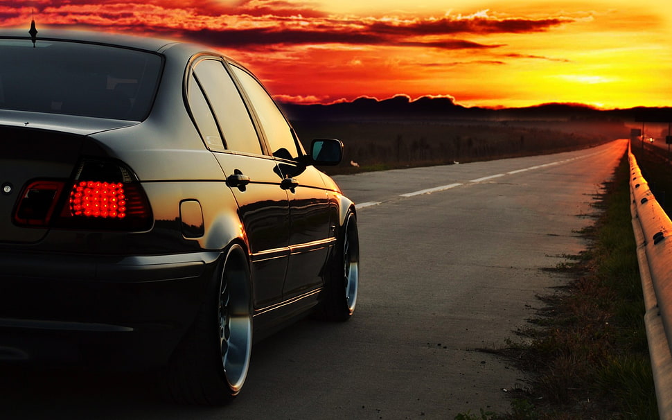 black sedan, BMW E46, Photoshop, sunset, road HD wallpaper