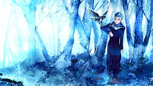 man wearing robe with black bird wallpaper, anime, birds, artwork, fantasy art