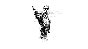 man holding rifle illustration, artwork, drawing, movies, Terminator 2