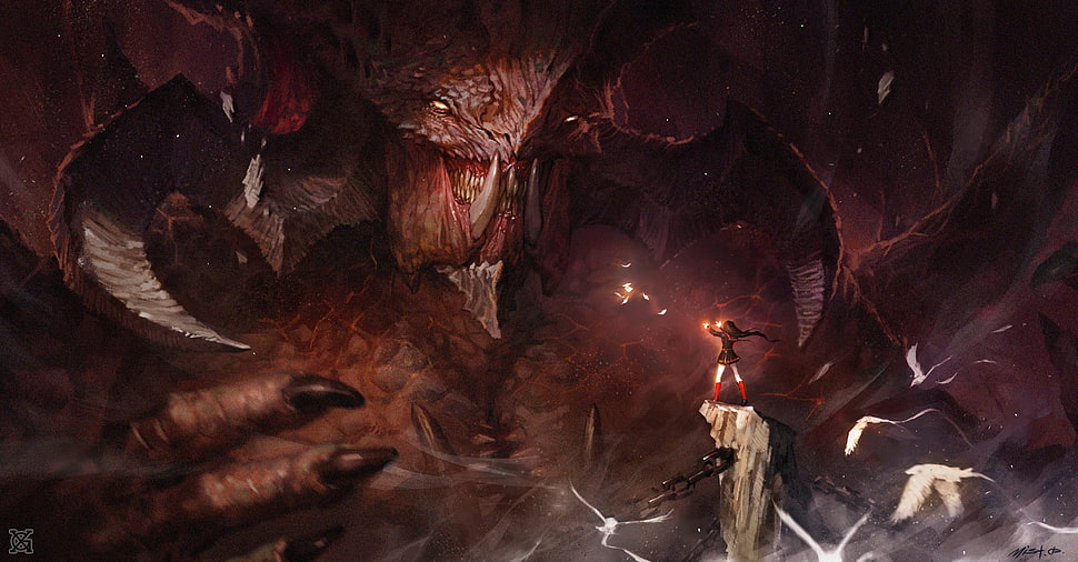 red dragon character illustration, fantasy art, demon HD wallpaper