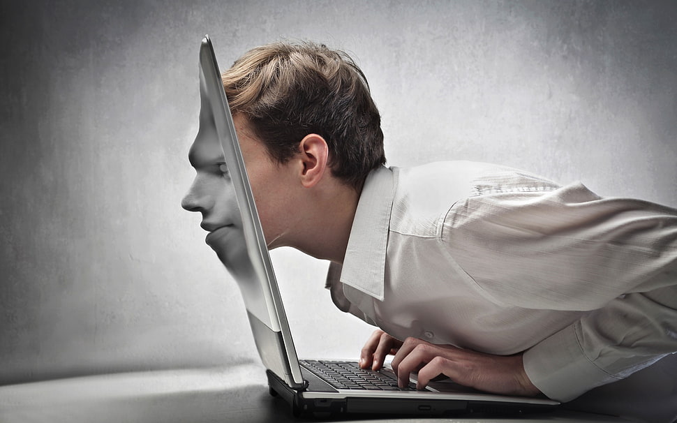 man with face on laptop computer 3D wallpaper HD wallpaper