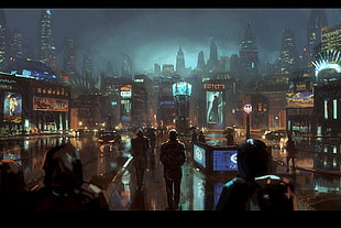 people walking at the streets of the city during rain painting, cityscape