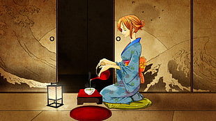 One Piece Nami preparing tea digital wallpaper