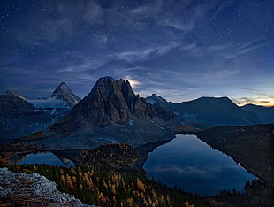 gray and black mountains, Canada, starry night, mountains, lake