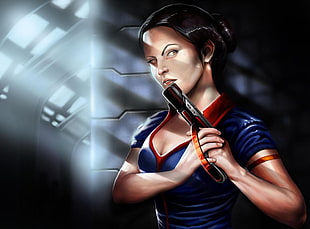 woman with pistol anime digital wallpaper