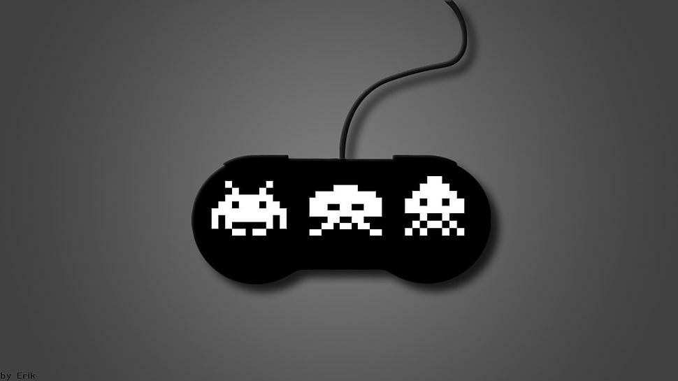 black controller with three monsters logo, Space Invaders, controllers, video games, gray HD wallpaper