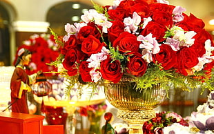 red and white petaled flowers with brass-colored vase