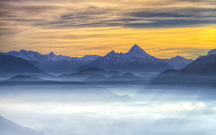 mountain range with clouds, nature, landscape, mist, mountains