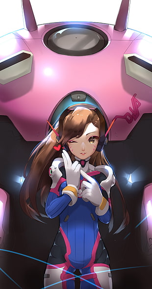 female anime character in white and pink top with gray headset