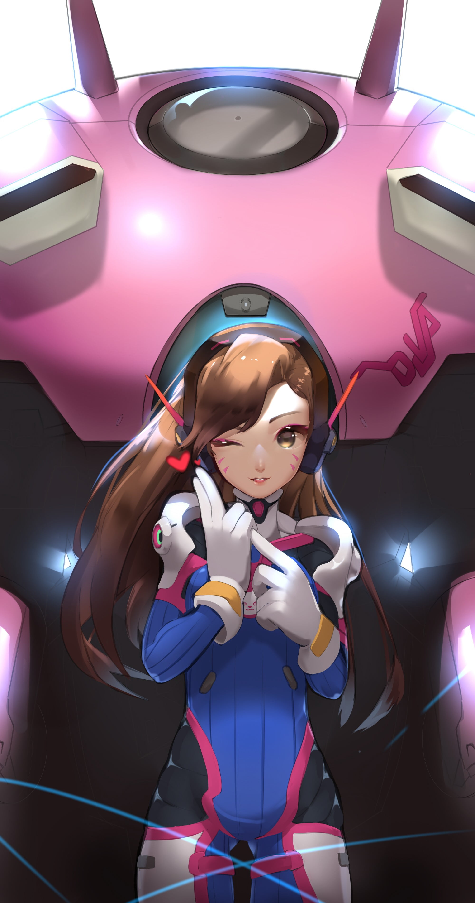 female anime character in white and pink top with gray headset