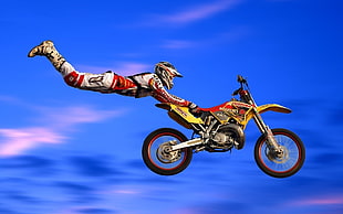 yellow and red motocross bike, motocross, jumping HD wallpaper