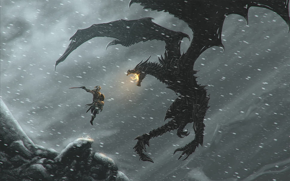 black dragon with warrior during snow poster HD wallpaper