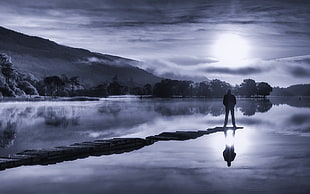 silhouette of man standing on rock near body of water