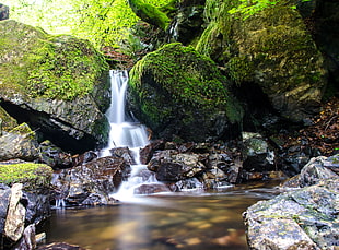 cascading waterfalls in between rocks, tarn hows HD wallpaper