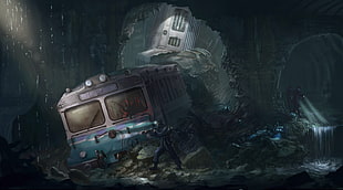 wrecked train illustration HD wallpaper