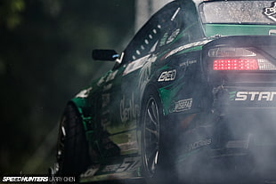 green racing car, car, drift, Nissan, Nissan Silvia S14