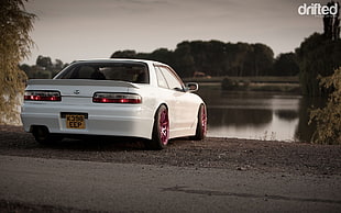 white coupe, car, road, Stance