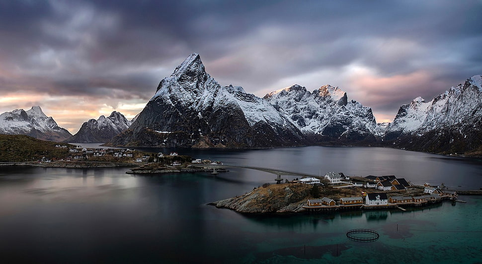 snowy mountain, mountains, town, island, Norway HD wallpaper
