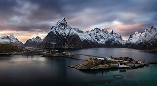 snowy mountain, mountains, town, island, Norway HD wallpaper
