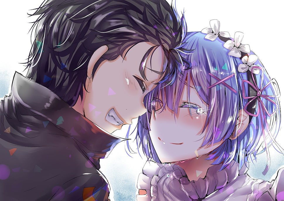 Re:Zero Kara Hajimeru Isekai Seikatsu Subaru and Rem illustration, Re:Zero Kara Hajimeru Isekai Seikatsu, Rem (Re: Zero), Natsuki Subaru, white background HD wallpaper