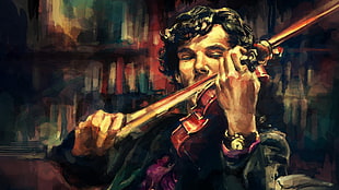 man playing violin painting, Sherlock Holmes, digital art, Benedict Cumberbatch HD wallpaper