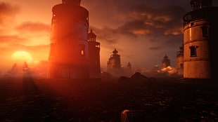 lighthouses during golden hour digital wallpaper, Elizabeth (BioShock), sun rays, BioShock Infinite: Burial at Sea, lighthouse