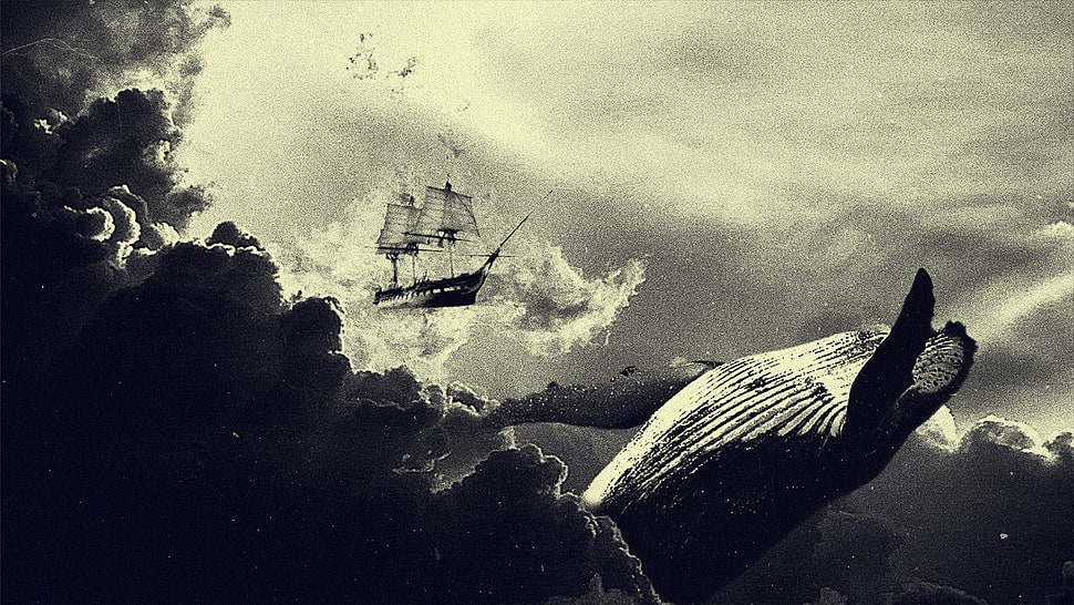 grey sailboat, surreal, whale, clouds, ship HD wallpaper