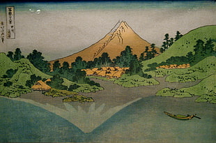 brown and green mountain painting, Hokusai, landscape, Wood block HD wallpaper
