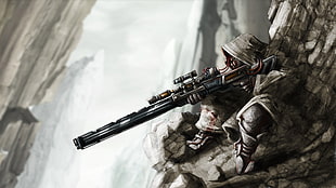sniper wearing hoodie illustration, sniper rifle