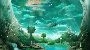 painting of tree and mountain, airships, digital art, sky, nature