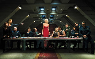 black and brown wooden table, Battlestar Galactica, Captain Adama, Tricia Helfer, Edward James Olmos