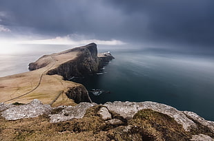 gray cliffs, Neist Point, lighthouse, storm, island HD wallpaper