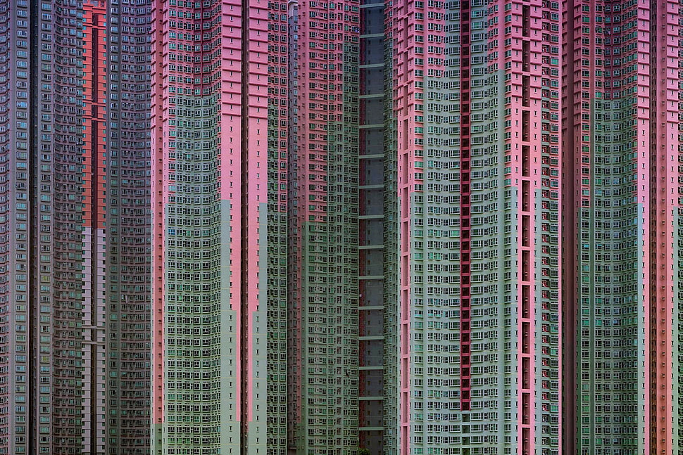 pink and teal artwork, skyscraper, Hong Kong HD wallpaper