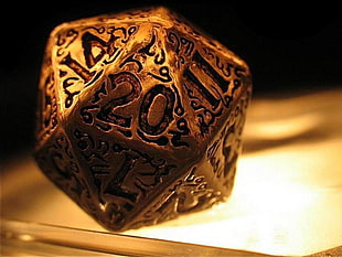 gold-colored accessory, Dungeons and Dragons, d20, dice, gold