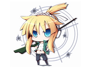female holding rifle anime character illustration, chibi