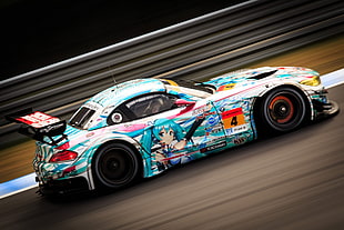 teal stock car, racing, race cars, Hatsune Miku, Itasha HD wallpaper