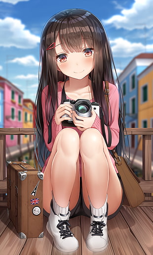 anime girl holding camera illustration